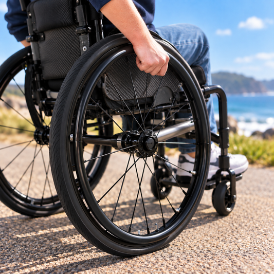 A close-up outdoor shot of a person in a black manual wheelchair on a paved path near the ocean, with the person's hand on the wheel including black silicone rim grips 