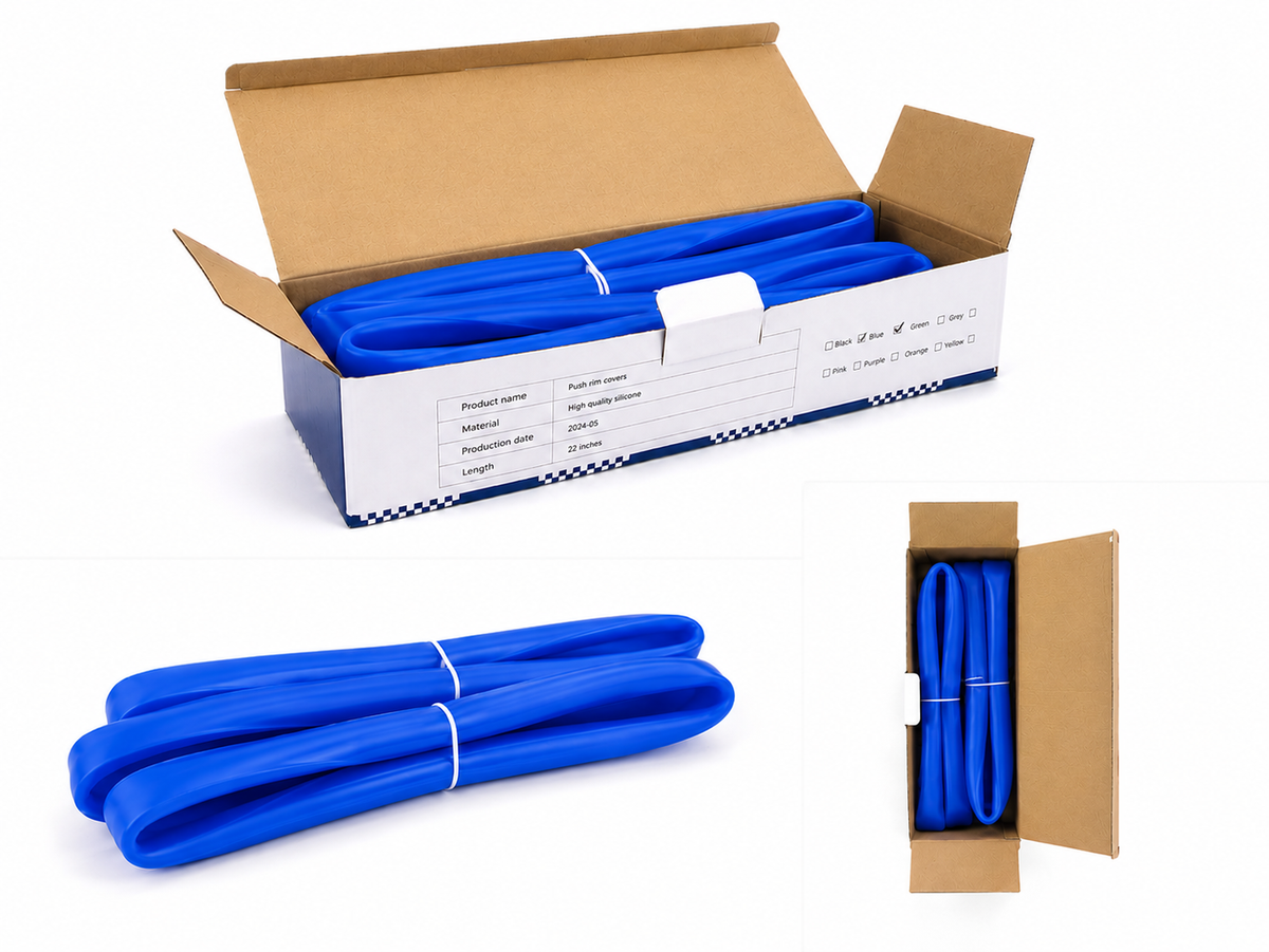 Pair of blue silicone wheelchair handrim covers for wheelchair wheels, shown bundled inside and outside the product packaging