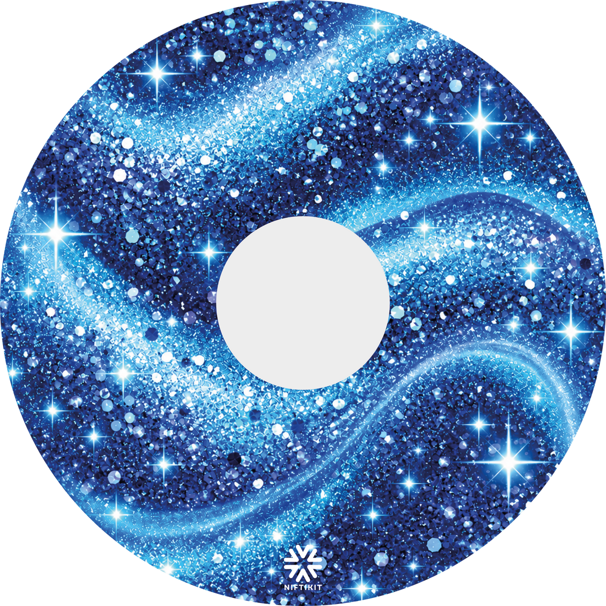 A wheelchair wheel guard with a blue glittery galaxy pattern and a 135mm center hole, shown on a plain white background. A small Niftikit logo at the bottom 
