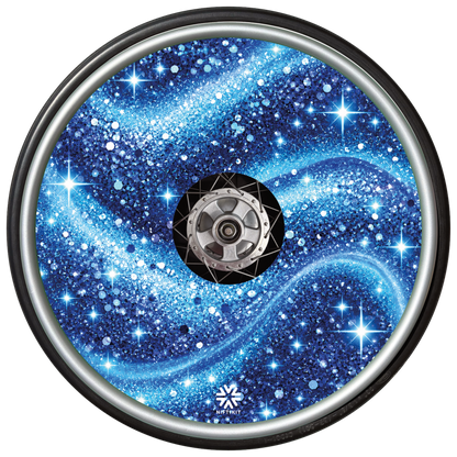 Blue Stardust wheelchair wheel cover with a blue printed sparkle and star design.