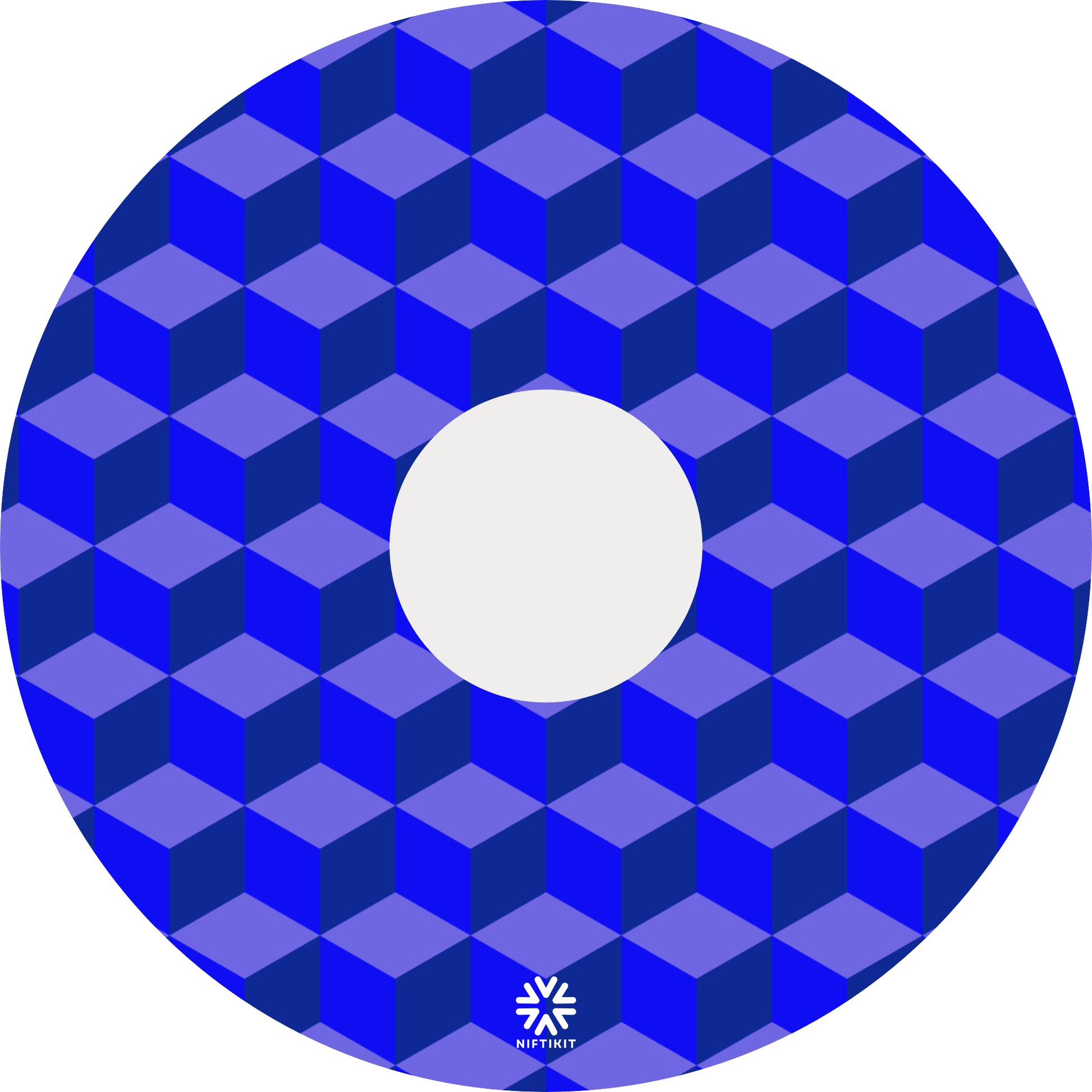 Wheelchair wheel cover with blue geometric-bricks pattern with a small white visible Niftikit logo and centre hub cutout.
