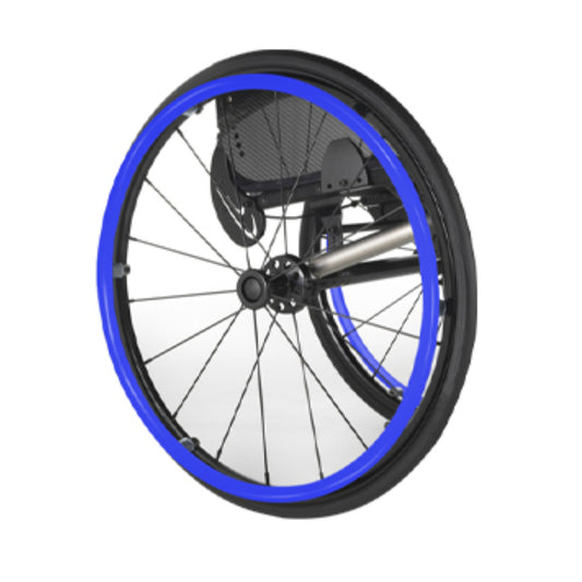 Blue silicone push rim hand rim cover on a wheelchair wheel