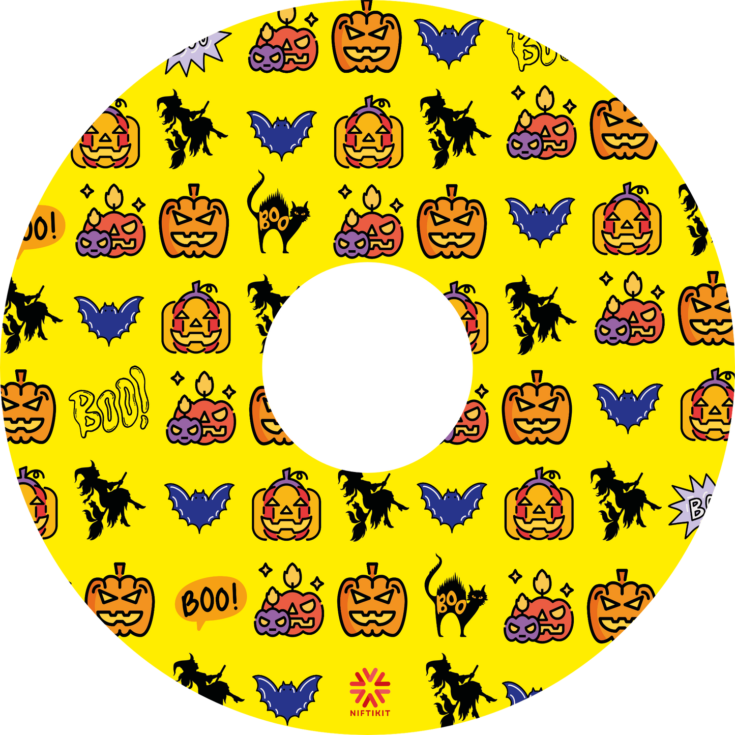 Wheelchair wheel cover featuring pumpkins, bats, witches and Boo! on a yellow background.