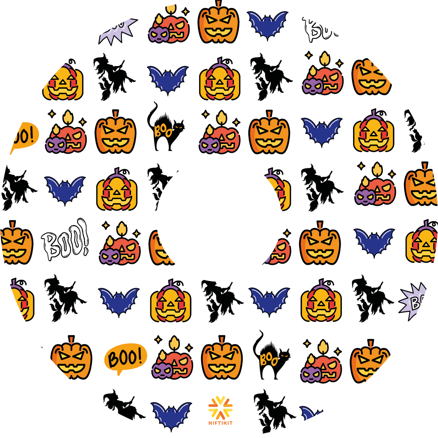 Wheelchair wheel cover featuring pumpkins, bats, witches and Boo! on a white background.