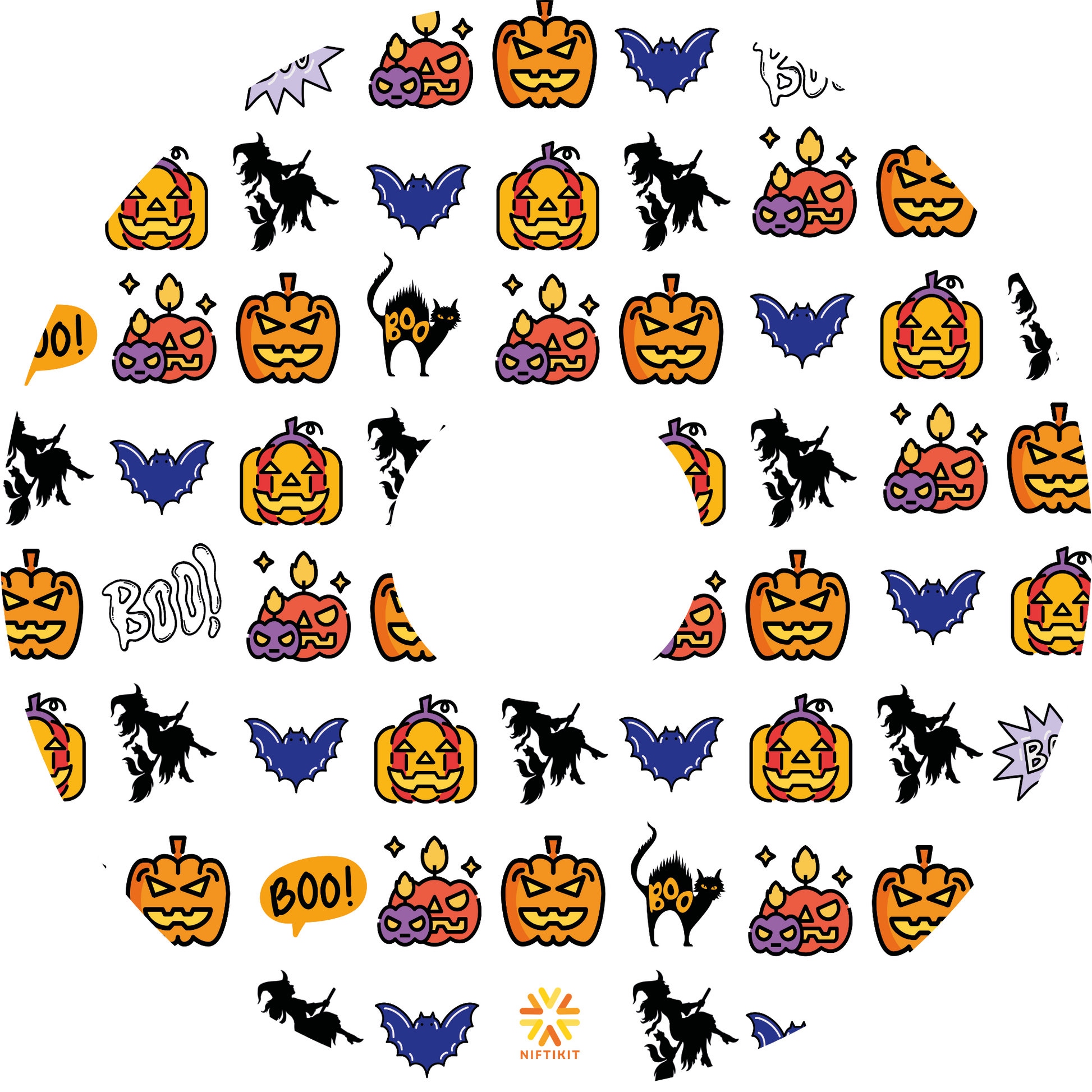 Wheelchair wheel cover featuring pumpkins, bats, witches and Boo! on a white background.