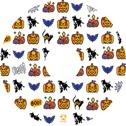 Wheelchair wheel cover featuring pumpkins, bats, witches and Boo! on a white background.
