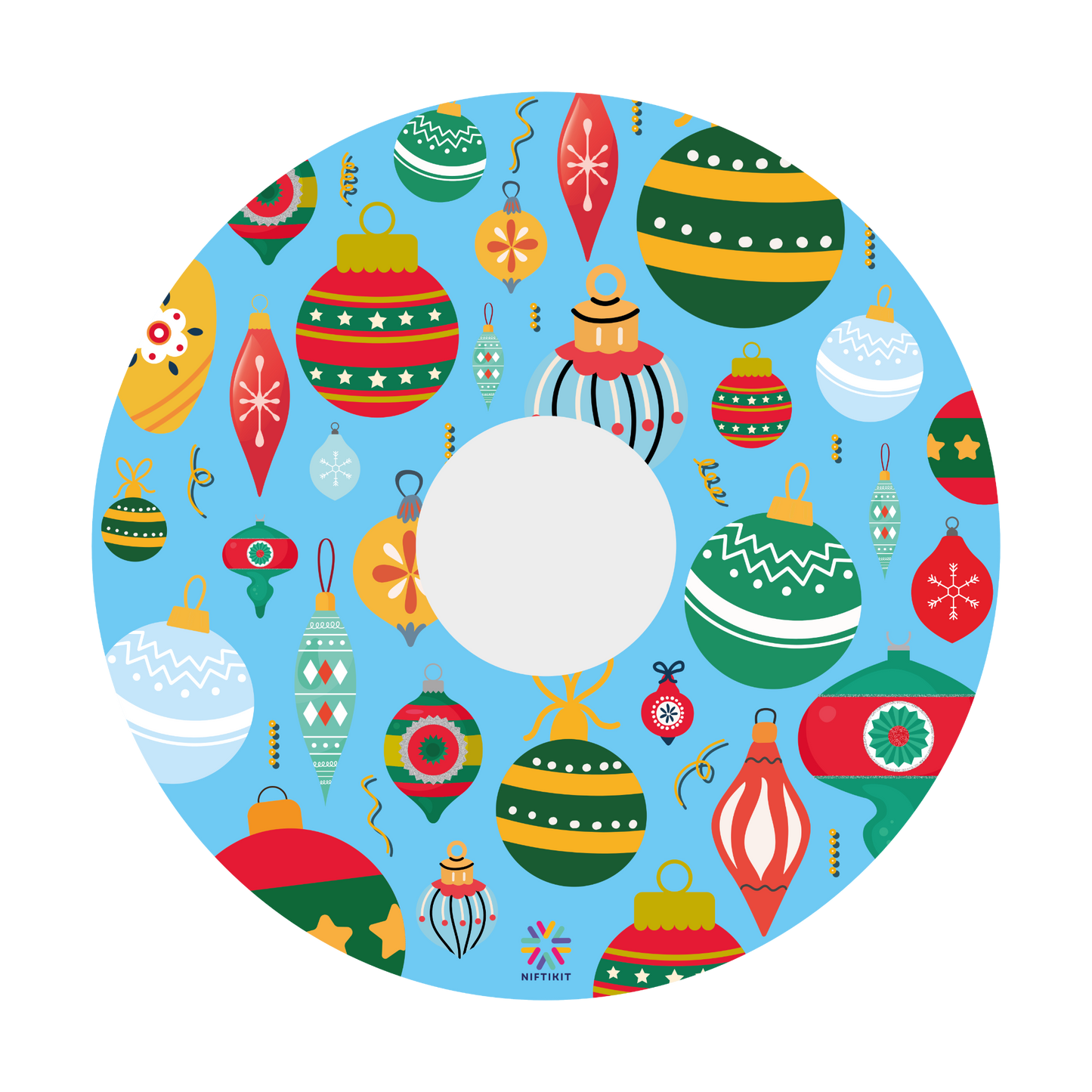 Wheelchair wheel cover  of colorful Christmas baubles on a blue background