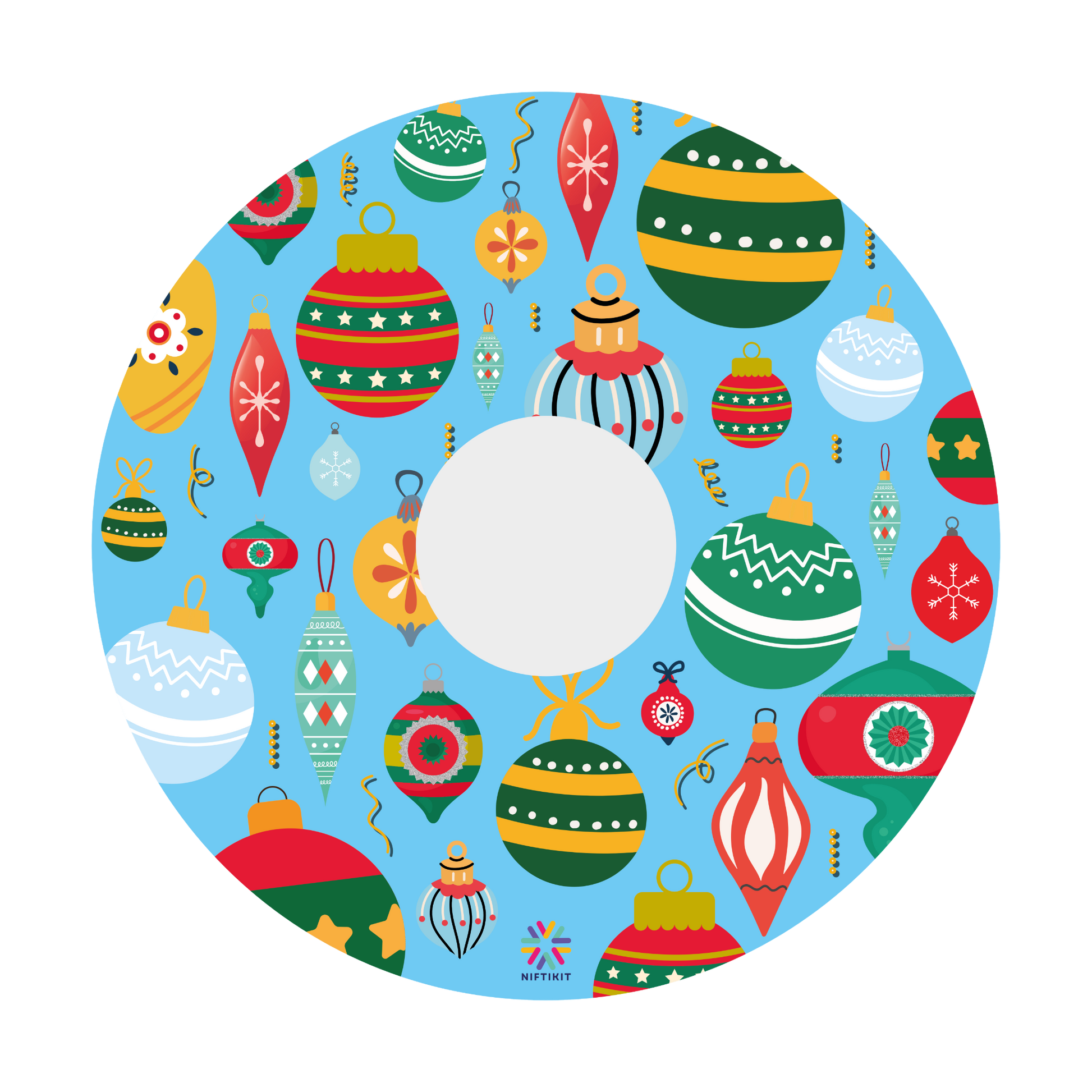 Wheelchair wheel cover  of colorful Christmas baubles on a blue background