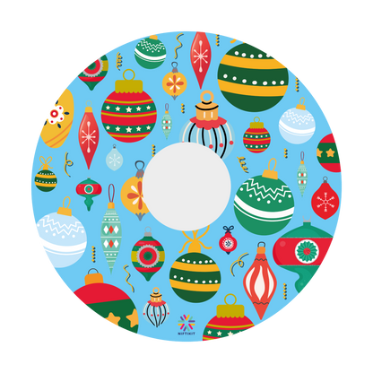 Wheelchair wheel cover  of colorful Christmas baubles on a blue background