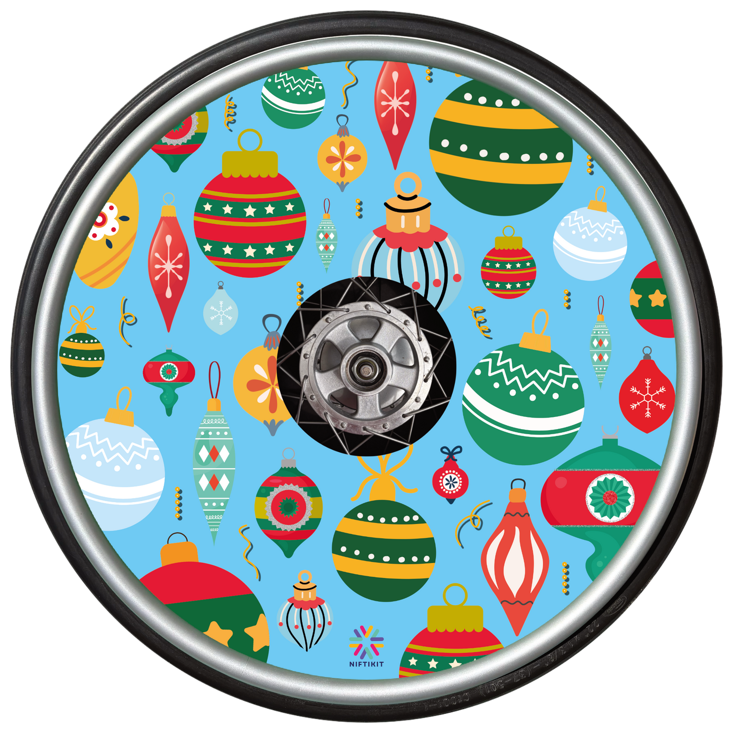 Wheelchair wheel with wheel cover  of colorful Christmas baubles on a blue background