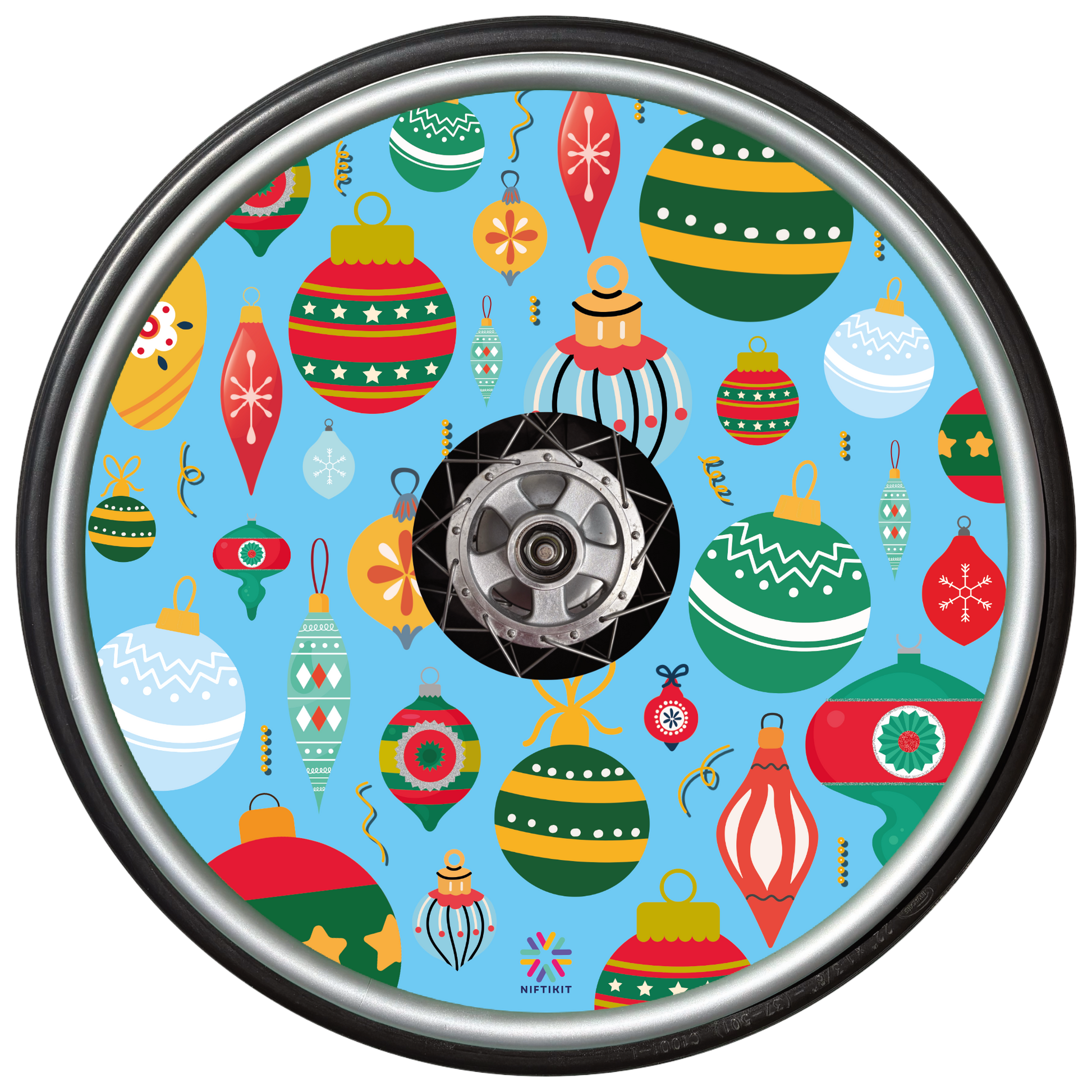 Wheelchair wheel with wheel cover  of colorful Christmas baubles on a blue background