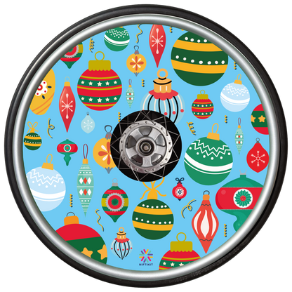 Wheelchair wheel with wheel cover  of colorful Christmas baubles on a blue background