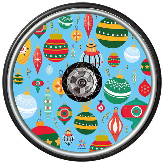 Wheelchair wheel with wheel cover  of colorful Christmas baubles on a blue background