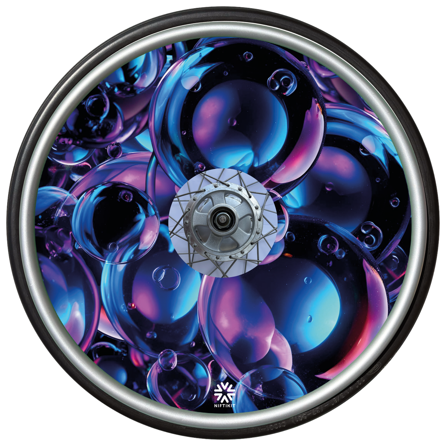 Decorative wheel cover with abstract blue and purple bubbles with small Niftikit logo in white. 