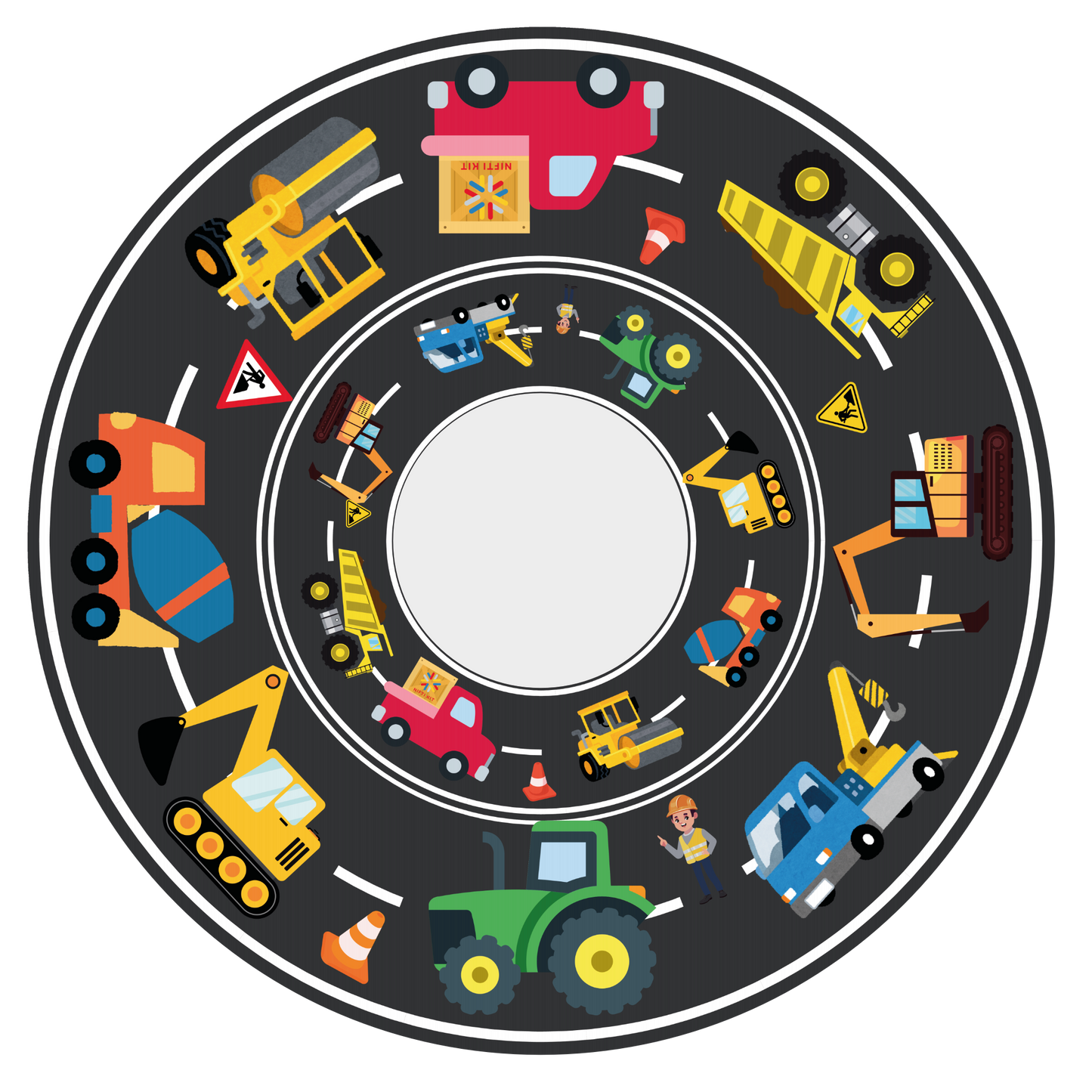 Spoke guard cover featuring colourful tractors, diggers and trucks designs on a road background. 