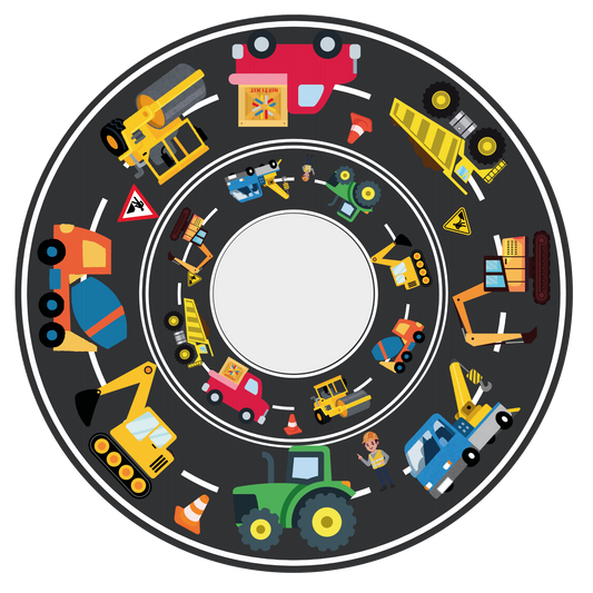 Spoke guard cover featuring colourful tractors, diggers and trucks designs on a road background. 