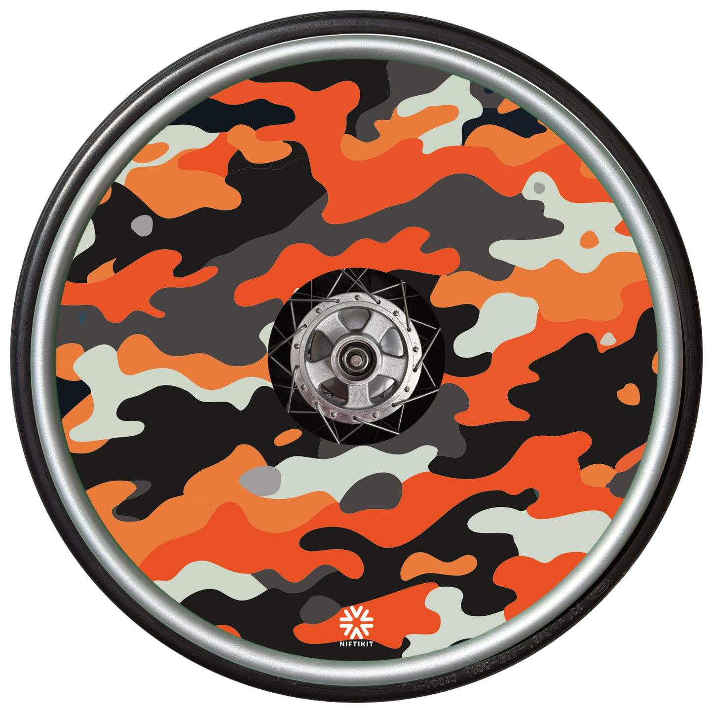 Orange camo wheelchair spoke guard with modern camouflage design in orange, charcoal grey and black, ideal for wheelchair customisation and spoke protection.