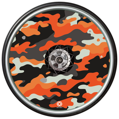Orange camo wheelchair spoke guard with modern camouflage design in orange, charcoal grey and black, ideal for wheelchair customisation and spoke protection.