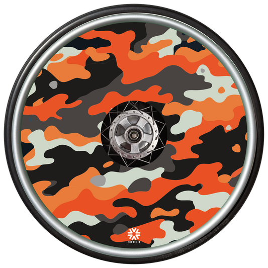 Orange camo wheelchair spoke guard with modern camouflage design in orange, charcoal grey and black, ideal for wheelchair customisation and spoke protection.