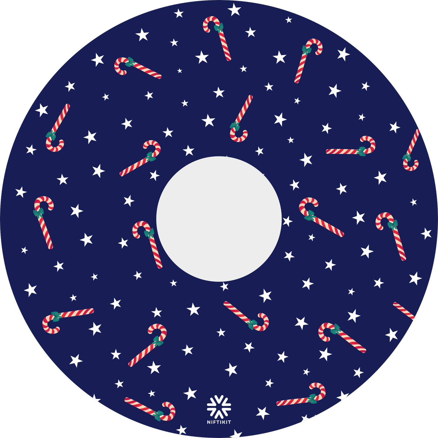 Wheelchair spoke guard with candy cane and star pattern on a blue background
