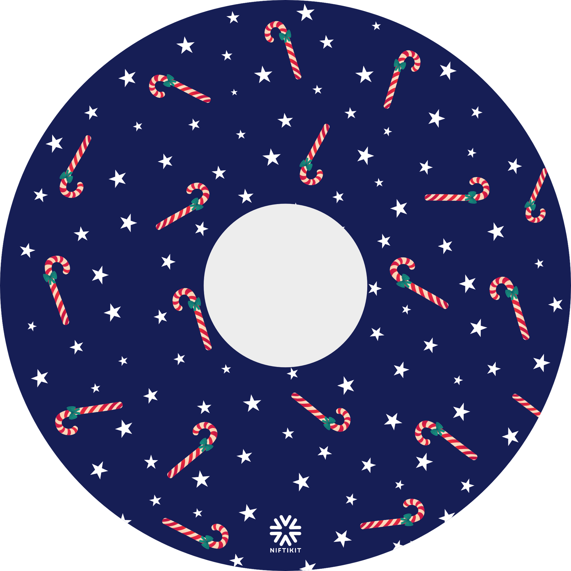 Wheelchair spoke guard with candy cane and star pattern on a blue background