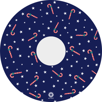Wheelchair spoke guard with candy cane and star pattern on a blue background