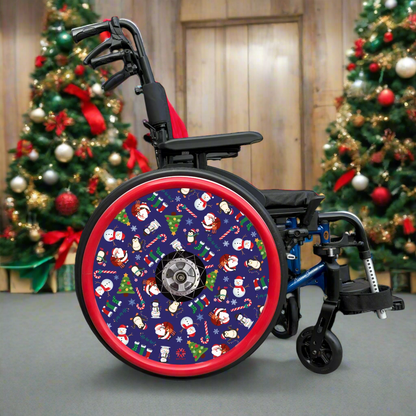 Wheelchair spoke cover with Christmas-themed cartoon pattern on a blue background. Includes red silicone hand rim covers