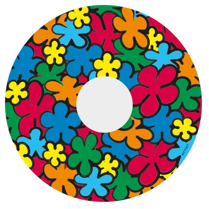 Spoke guard cover with a colorful, cartoon flowers, in red, orange, green, yellow and blue. Includes centre hub cutout  