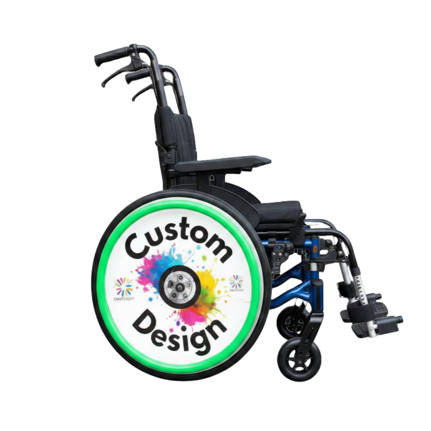 Manual wheelchair fitted with a custom Niftikit wheelchair wheel cover featuring a colourful personalised design offer and bright green push rim cover.