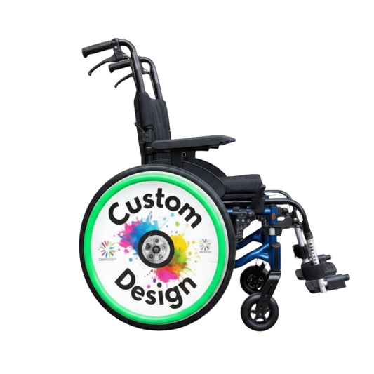 Manual wheelchair fitted with a custom Niftikit wheelchair wheel cover featuring a colourful personalised design offer and bright green push rim cover.