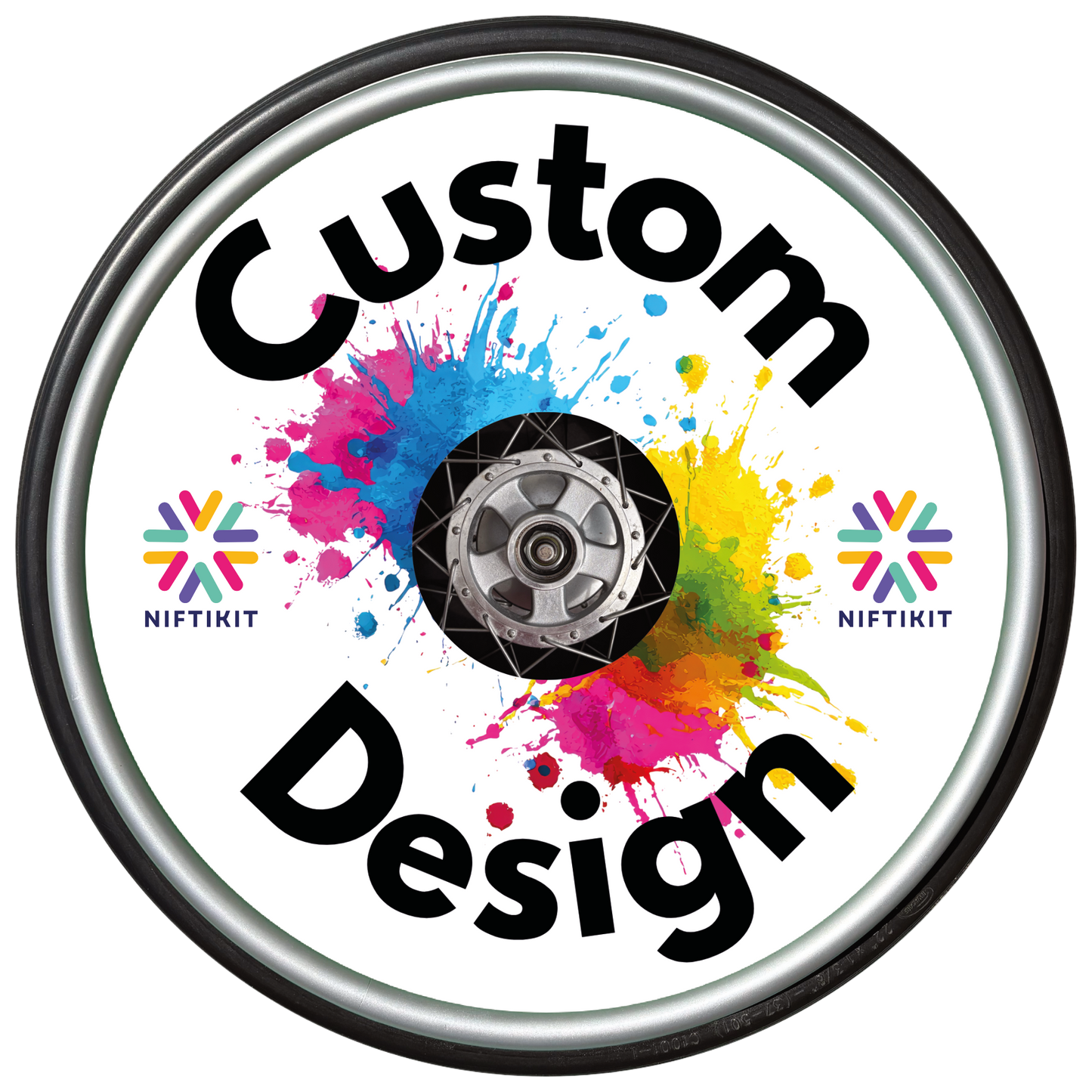 Personalised wheelchair wheel cover installed on a manual wheelchair wheel, custom made by Niftikit.