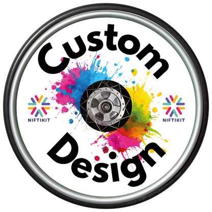 Personalised wheelchair wheel cover installed on a manual wheelchair wheel, custom made by Niftikit.