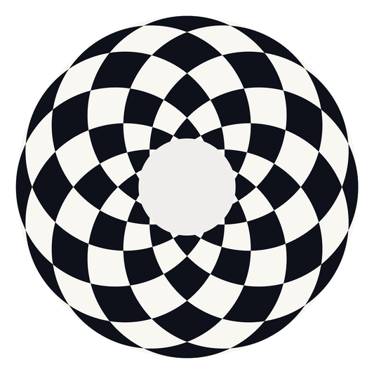 Checkered wheelchair spoke guard with black and white diamonds  pattern and small black Niftikit logo. 