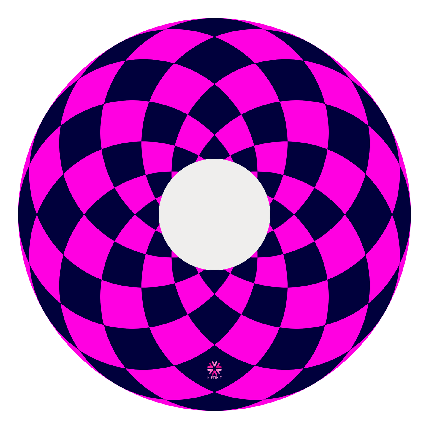 Spoke cover for wheelchair with navy and purple diamonds pattern and small pink Niftikit logo. 