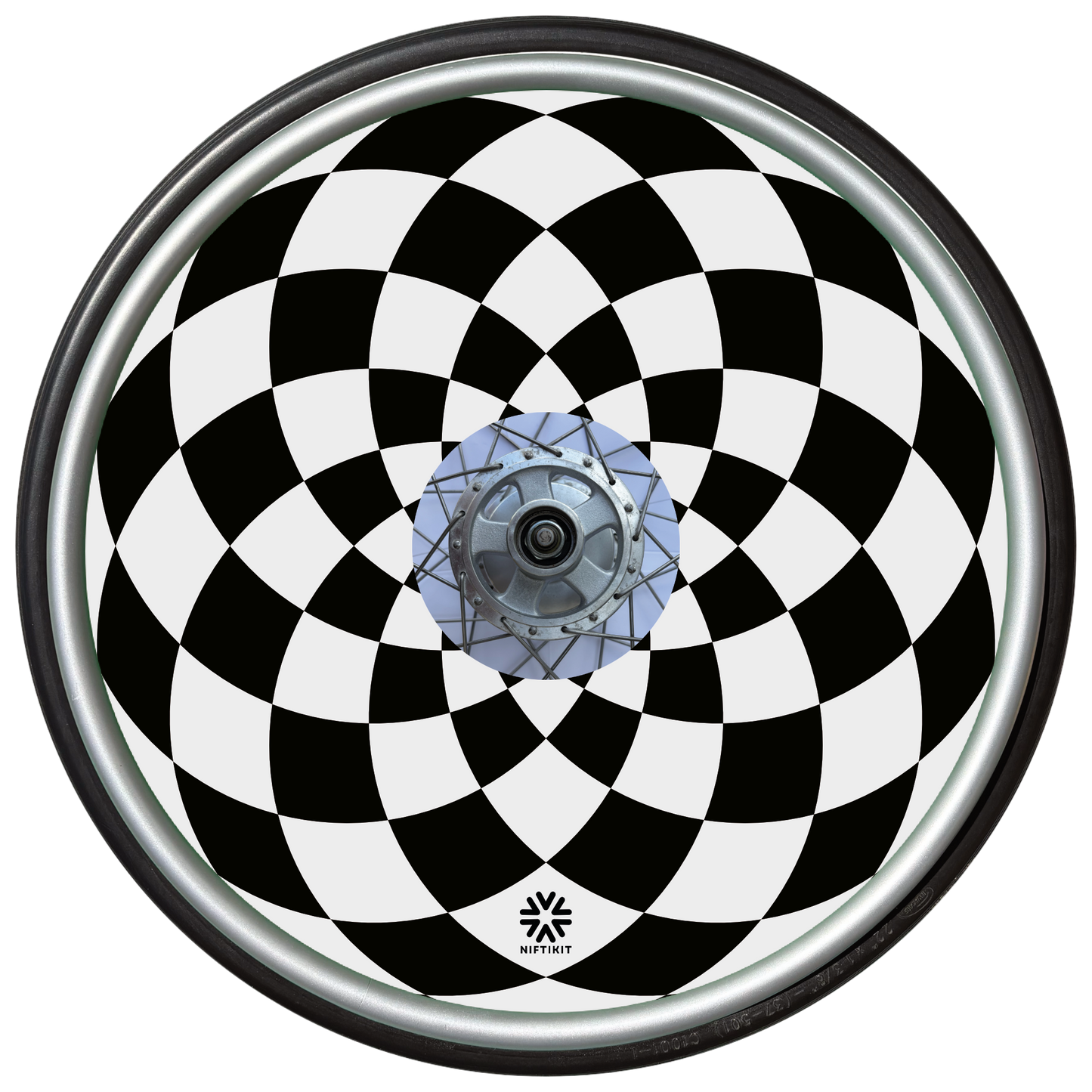 Checkered wheelchair wheel cover with black and white diamonds  pattern and small black Niftikit logo. 