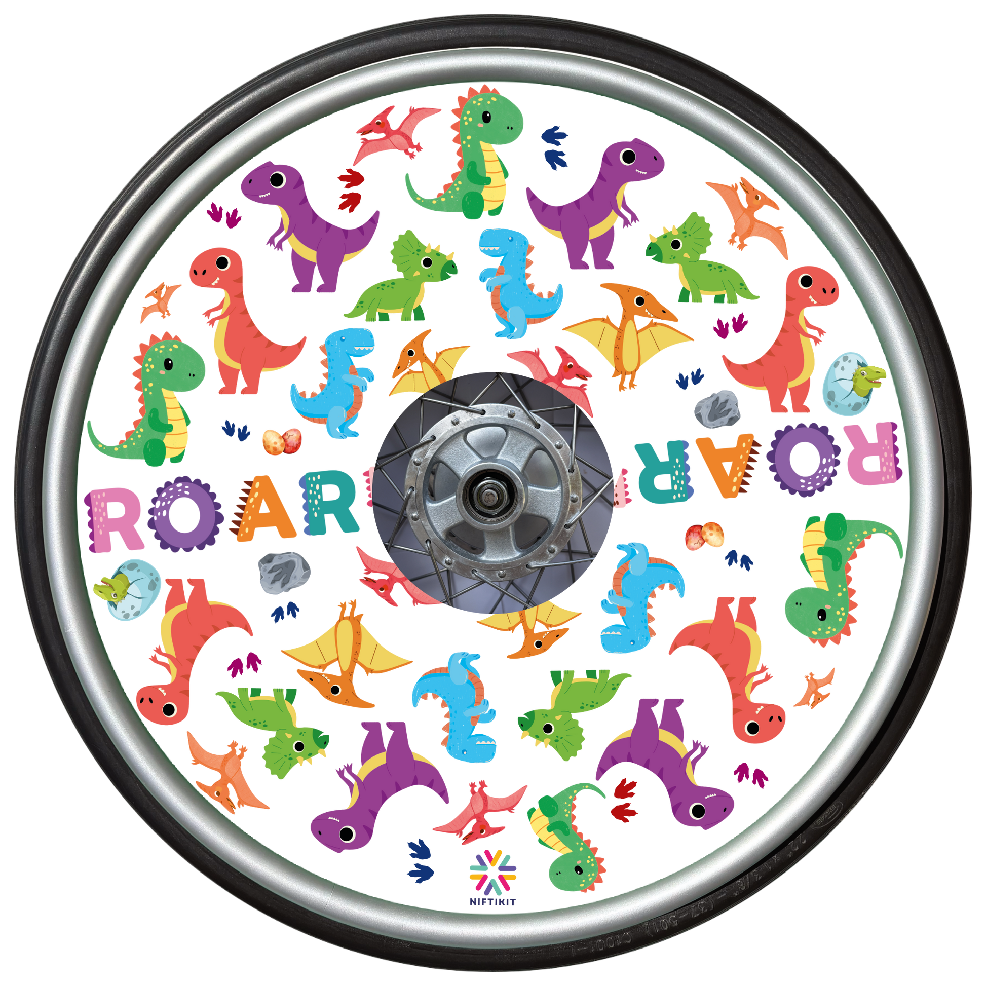 Wheelchair wheel featuring a wheel cover with colorful dinosaur pattern on a white background