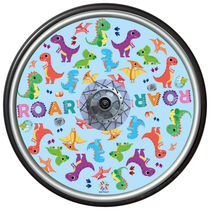 Wheelchair wheel featuring a wheel cover with colorful dinosaur pattern on a blue background