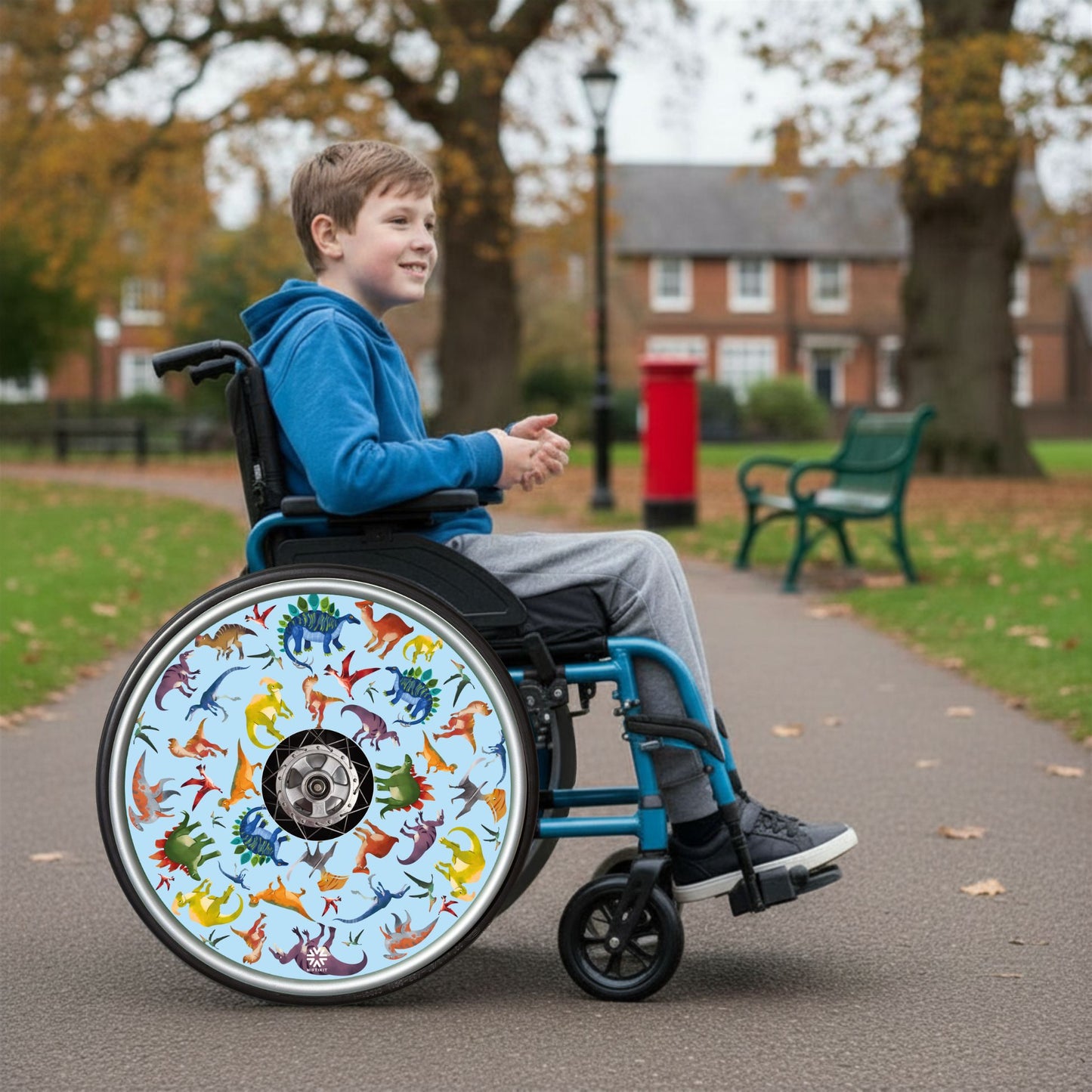 Child in a wheelchair with bright dinosaur-patterned wheel covers in a park setting