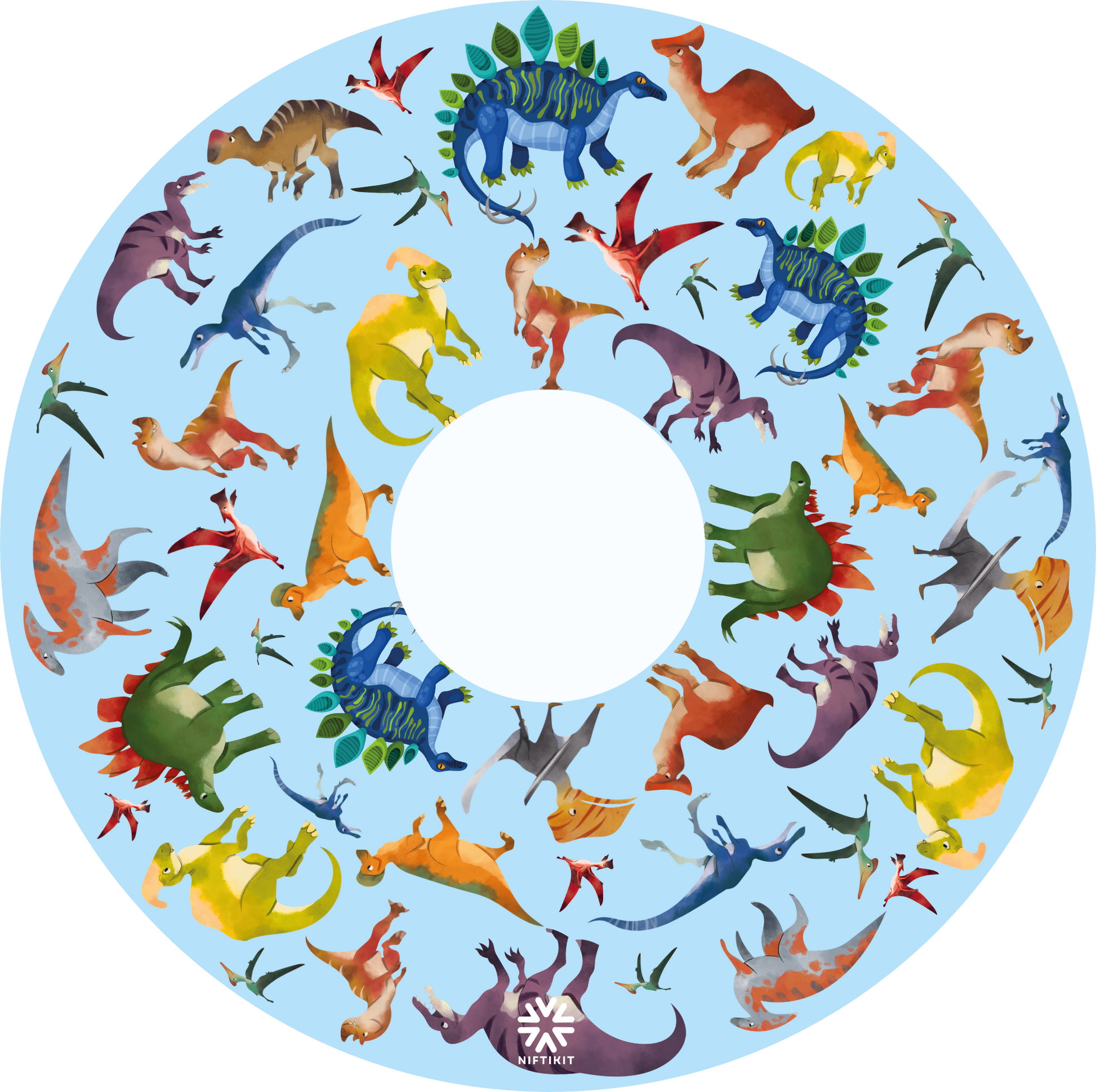These wheelchair wheel covers  feature colourful dinosaur illustrations against a light blue background 