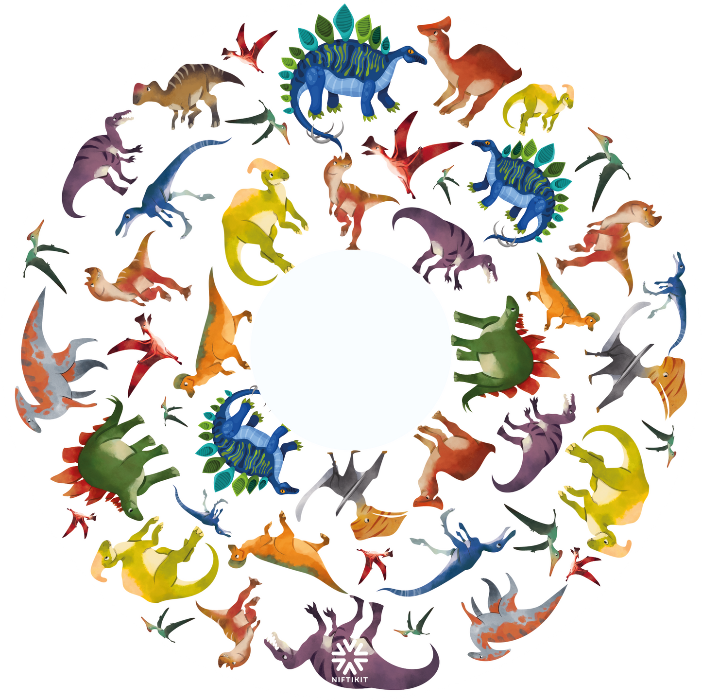 These wheelchair wheel covers  feature colourful dinosaur illustrations against a white background 