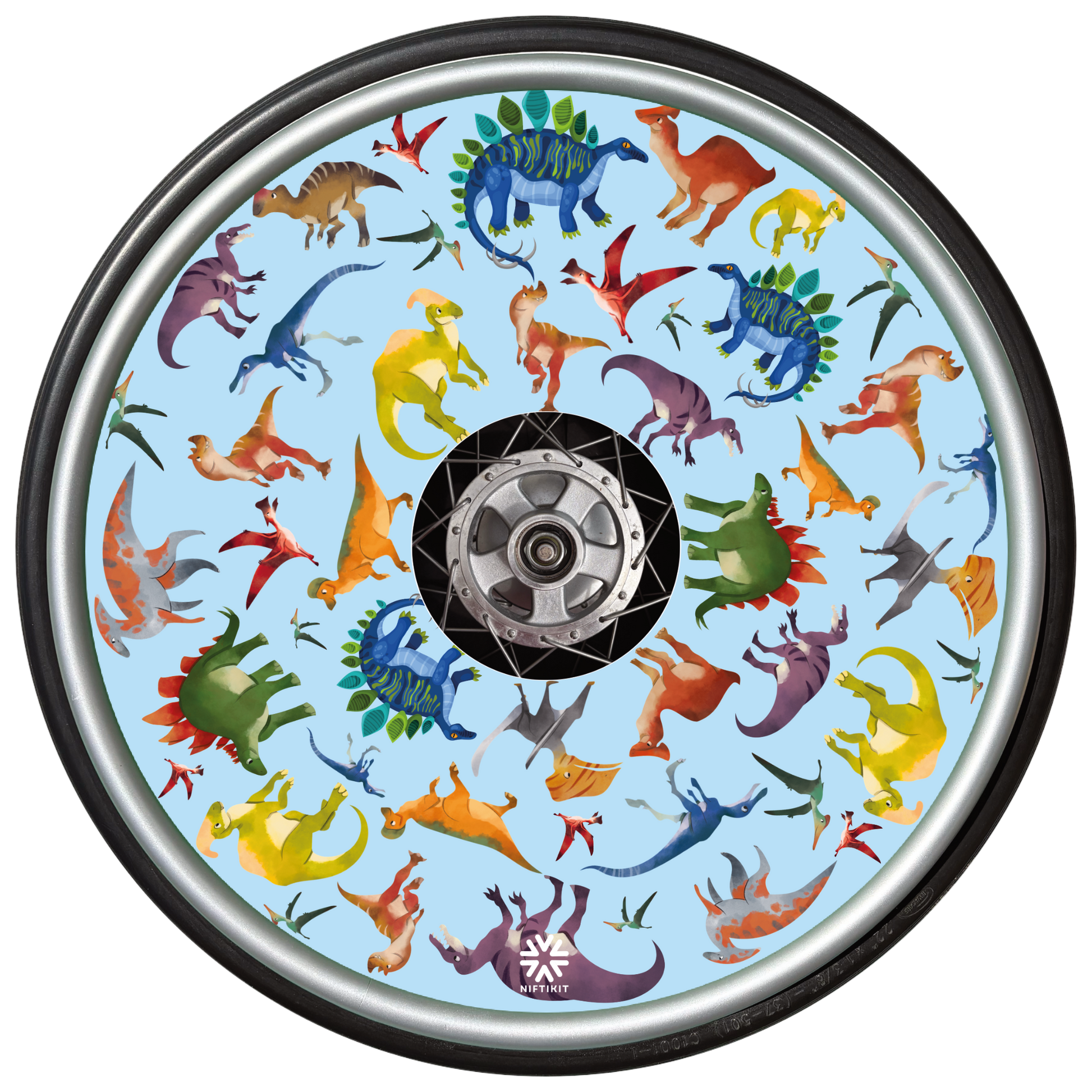 These spoke guards feature colourful dinosaur illustrations against a light blue background 135mm centre cutout