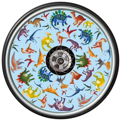 These spoke guards feature colourful dinosaur illustrations against a light blue background 135mm centre cutout