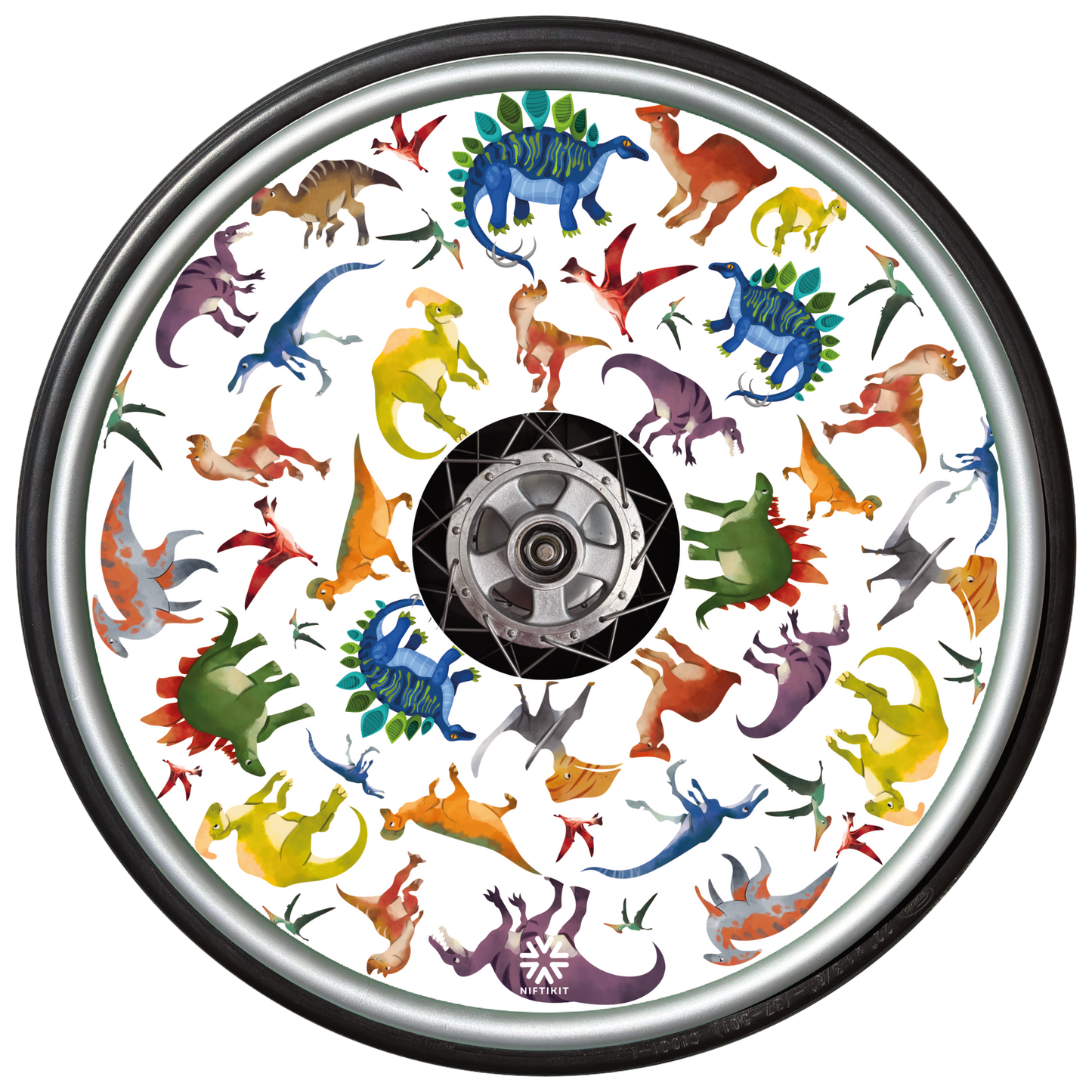 These spoke guards feature colourful dinosaur illustrations against a white background 135mm centre cutout