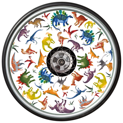 These spoke guards feature colourful dinosaur illustrations against a white background 135mm centre cutout