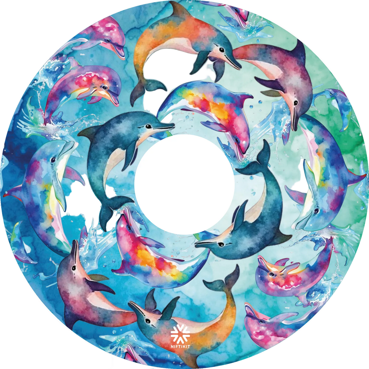 A circular spoke guard featuring a colorful watercolor illustration of dolphins swimming in blue ocean water, with a white circular cutout in the center and a small Niftikit logo at the bottom.