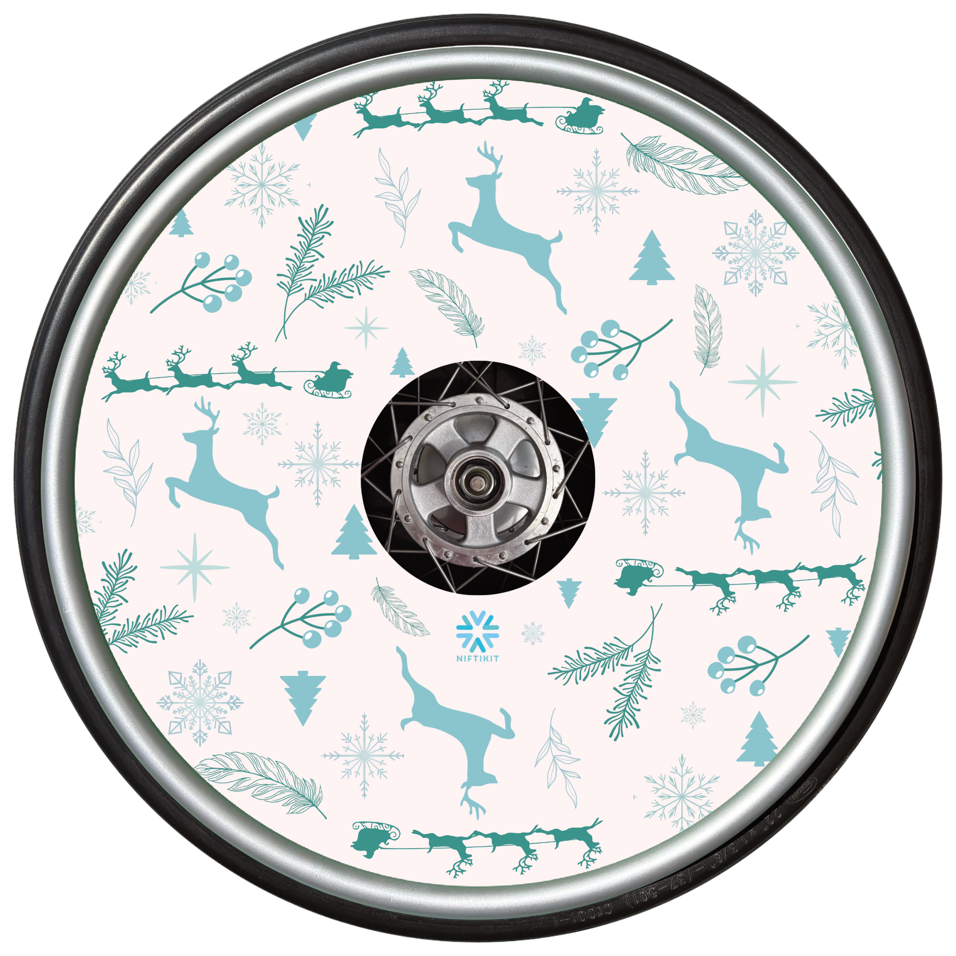 Wheelchair wheel with winter-themed pattern on a white background