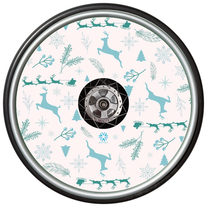 Wheelchair wheel with winter-themed pattern on a white background