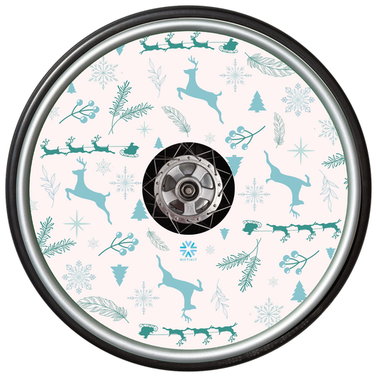 Wheelchair wheel with winter-themed pattern on a white background