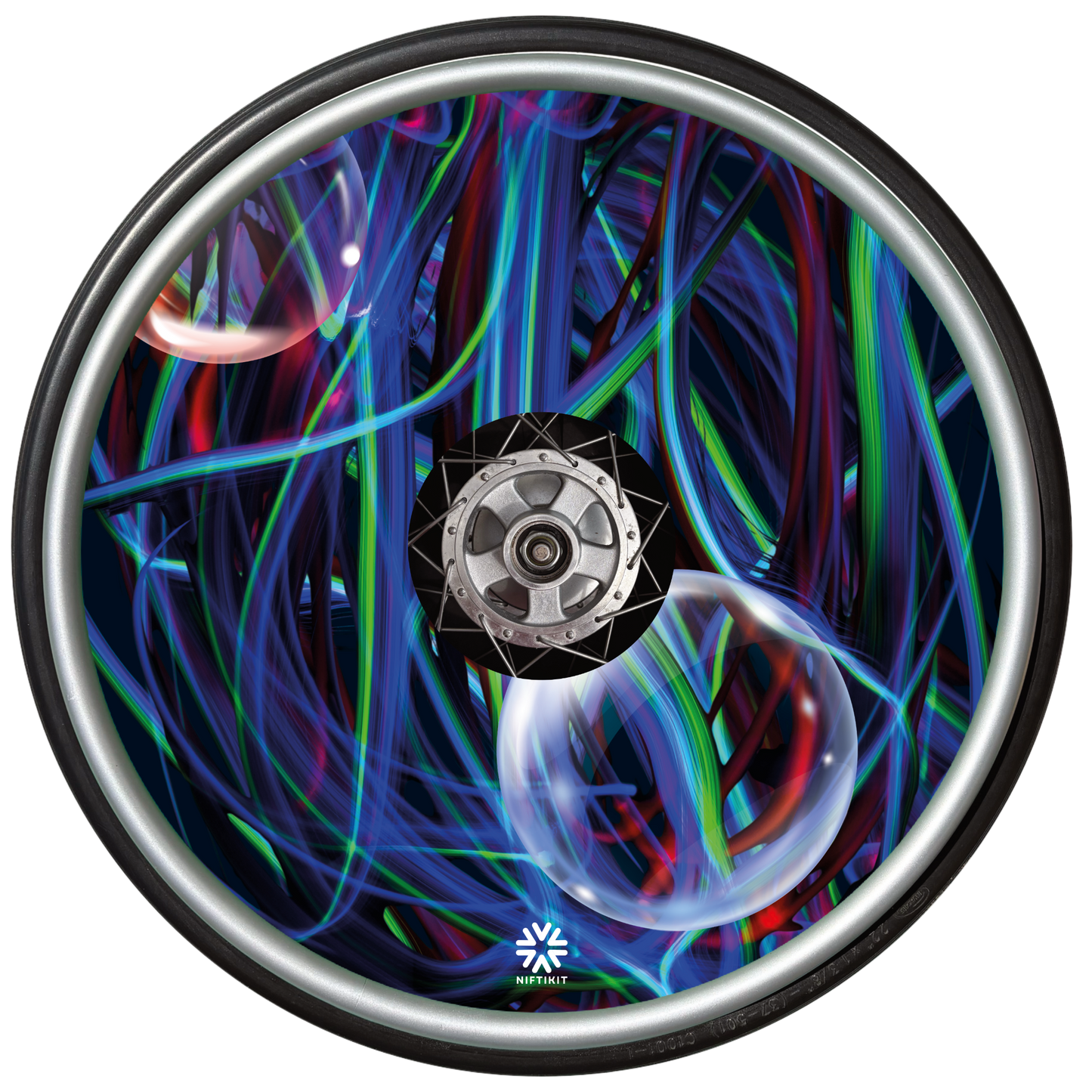 Colorful abstract design of blues, greens and purple strands with opaque bubbles on a wheelchair wheel with a Niftikit brand logo at the bottom in white.