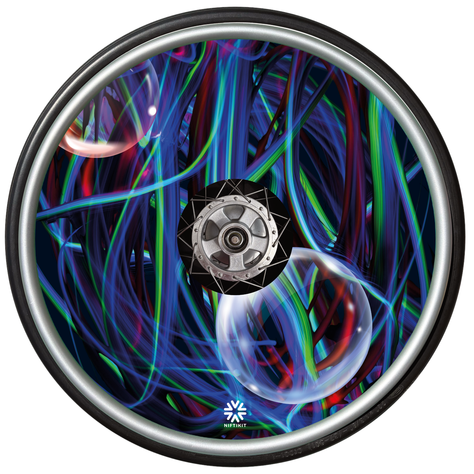 Colorful abstract design of blues, greens and purple strands with opaque bubbles on a wheelchair wheel with a Niftikit brand logo at the bottom in white.